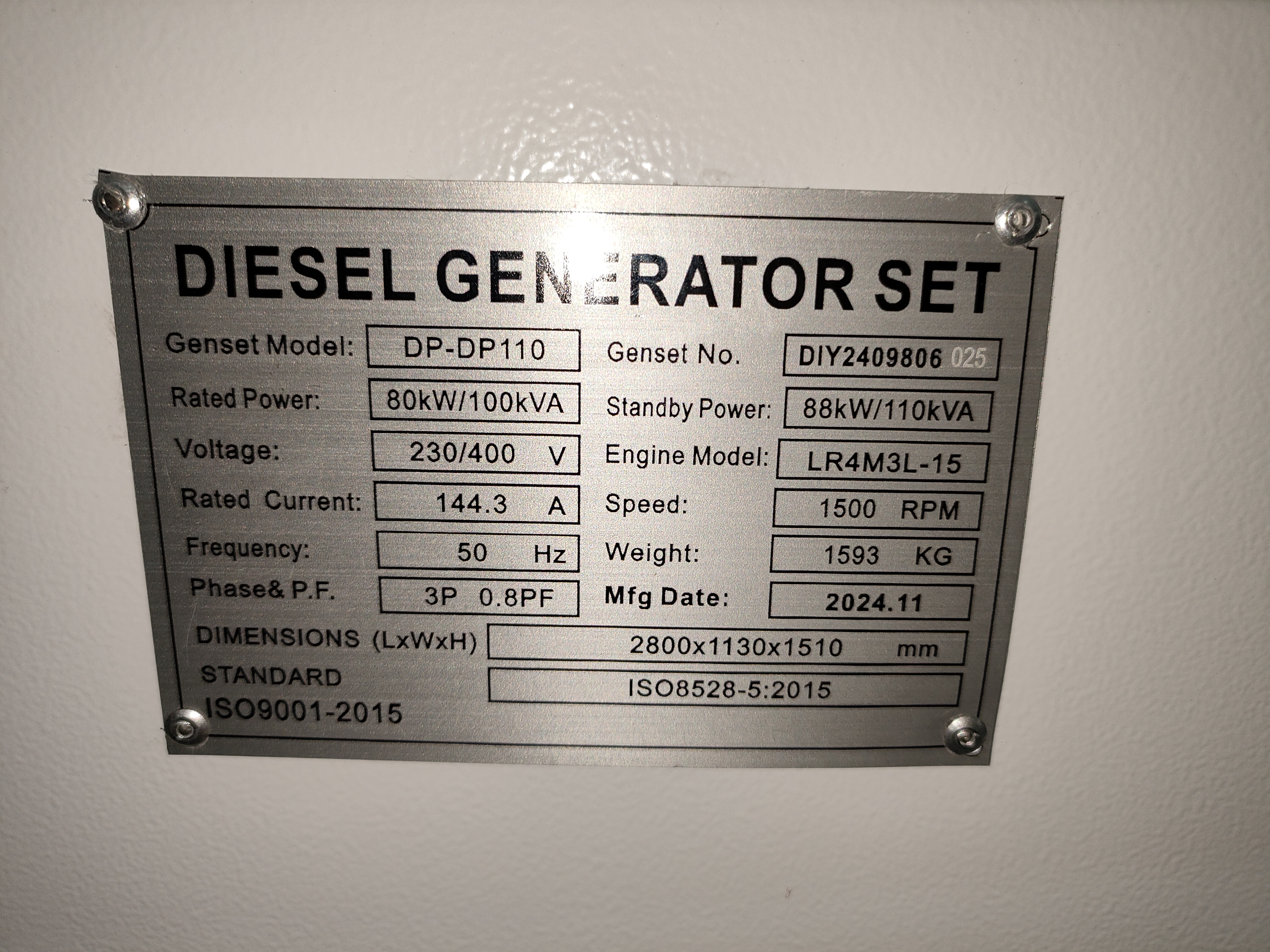 DIY-DP110 YTO LR4M3L-15 مجموعة مولدات الديزل 80 كيلو وات 50 هرتز