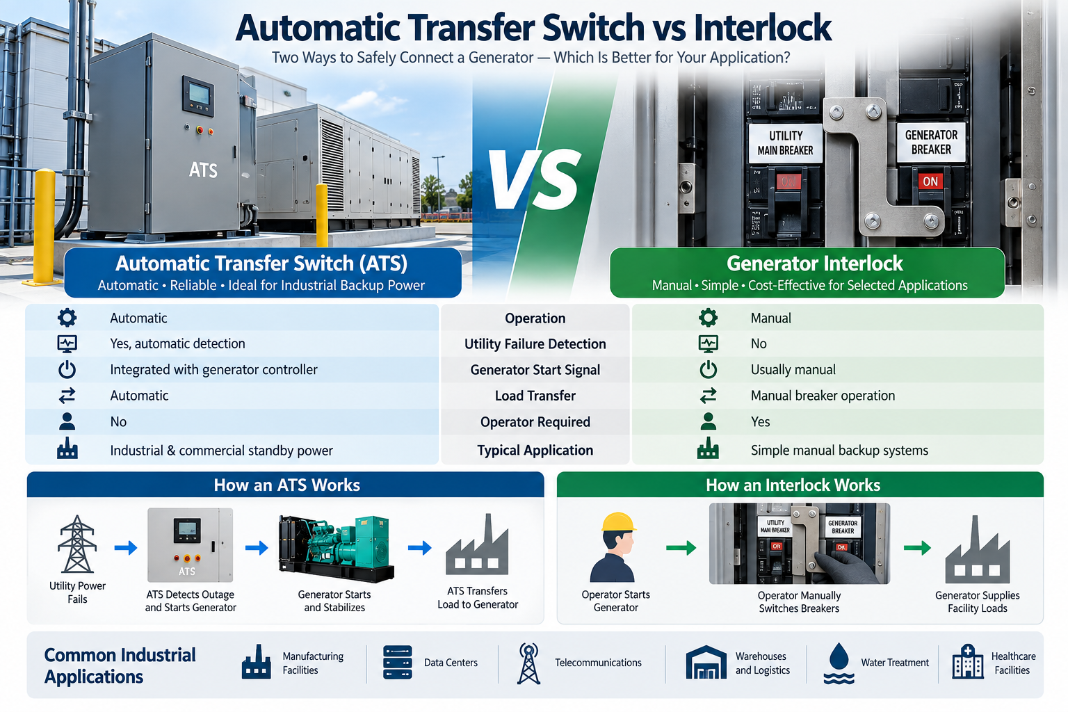 ATS مقابل Interlock: 7 اختلافات رئيسية لأنظمة المولدات الصناعية